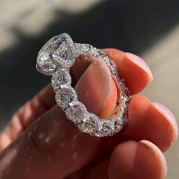 Anéis de casamento clássicos brilhantes com zircônia cz para mulheres, banhados a ouro branco, corte redondo, anel de diamante, presentes para amantes de luxo, joias femininas