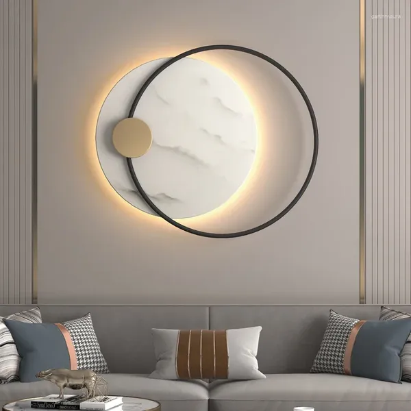 Lampade da parete Luci moderne a LED Metallo nero con marmo Fantasia di lusso Luce calda Camera da letto Soggiorno Decorazione El Grande lampada rotonda