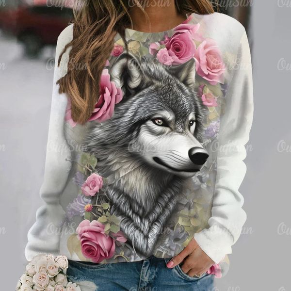 Camiseta feminina com estampa de lobo 3d, camiseta para mulheres, gola redonda, suéter feminino, outono 2024, manga comprida, pulôver, roupas 240130