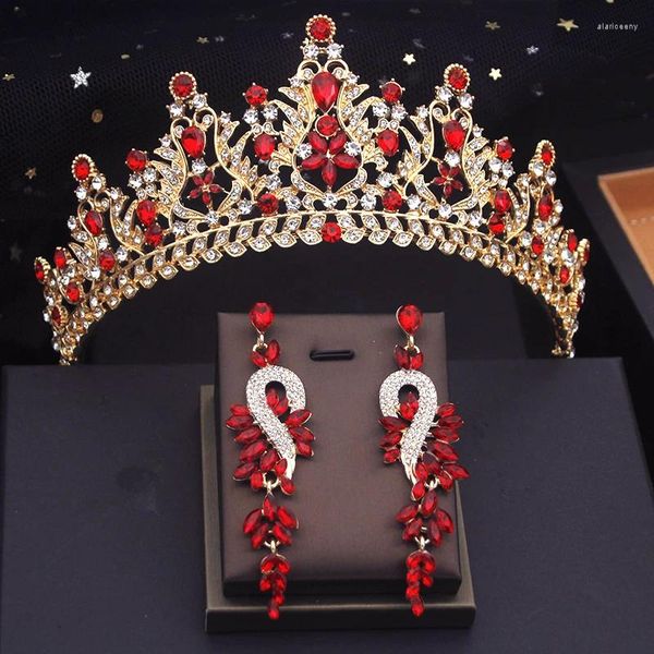 Grampos de cabelo vermelho cristal nupcial coroa de casamento com brincos noiva diadema princesa noite tiaras e coroas acessórios de jóias