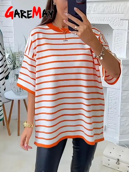 Camiseta feminina listrada verde manga curta oversize malha com nervuras top verão elegante preto e branco básico para mulheres