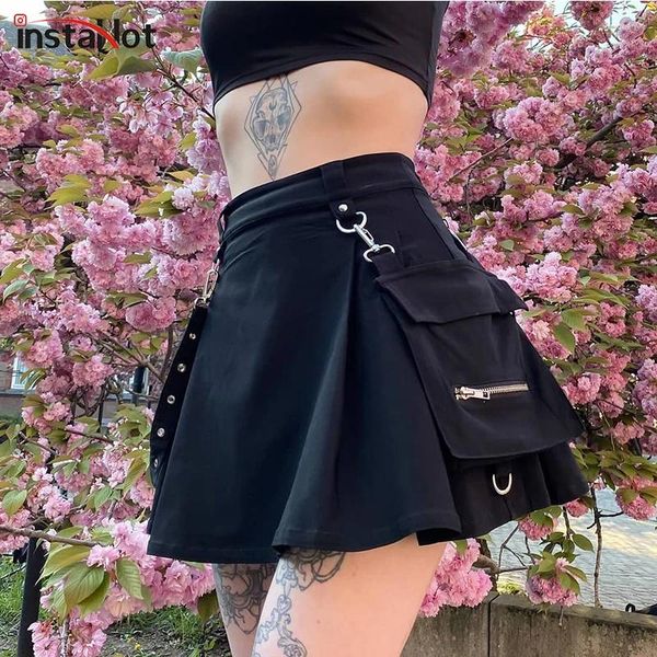 Röcke Insta Schwarz Taschen Hohe Taille Strap Zipper Plissee Rock Frauen Gothic Punk Streetwear Casual Cargo 2024 Mode