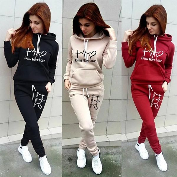 İnanç Umut Aşk Kadınların Hoodie Pant Setleri Spor Giyim Kazak Artı Beden Sweatshirt Sweatpants Jogging Trachsuit 240124