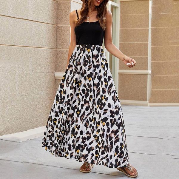 Casual Kleider Leopard Print Elegante Party für Teenager 2024 Sommer Strand Plissee Elastische Hohe Taille Maxi Kleid Kleidung Weibliche