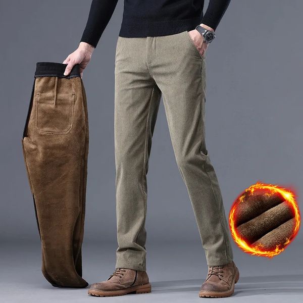 2023 Мужские термозимние зимние теплые плюшевые брюки Мужские деловые свободные прямые вельветовые повседневные брюки Мужские флисовые толстые длинные брюки 240122