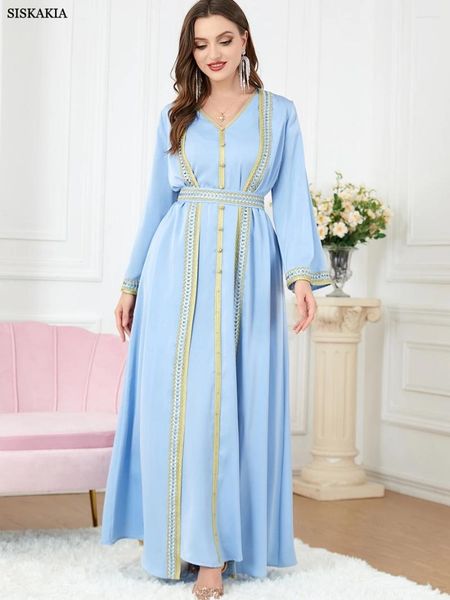 Abbigliamento etnico Gulf Jalabiyas Abito da sera da donna 2 pezzi Abiti lunghi Set musulmano Abaya Dubai Nastro di pizzo con scollo a V di alta classe con cintura