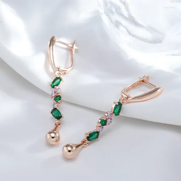 Orecchini pendenti Wbmqda lusso zircone verde goccia lunga per le donne 585 colore oro rosa con pietra bianca moda festa nuziale gioielleria raffinata