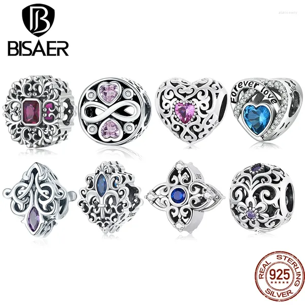 Pietre preziose sciolte BISAER 925 Sterling Silver Vintage Patterns Charm Bead Cuore Zircone per le donne Braccialetti fai da te Collana Gioielleria raffinata EFC535