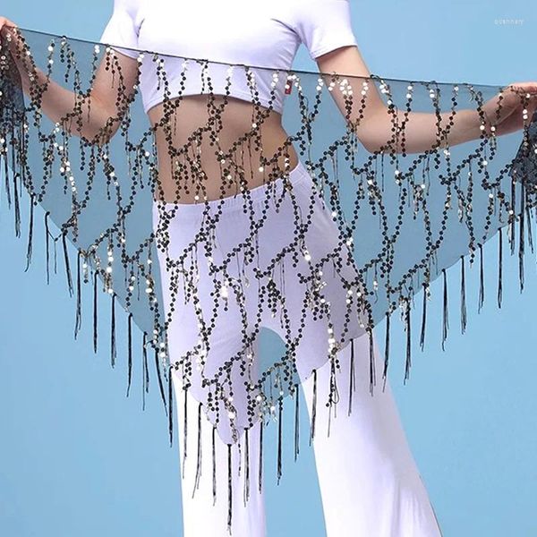 Abbigliamento da palco Costumi di danza del ventre scintillanti Sciarpa con nappa con paillettes per donne che ballano triangolo con catena in vita