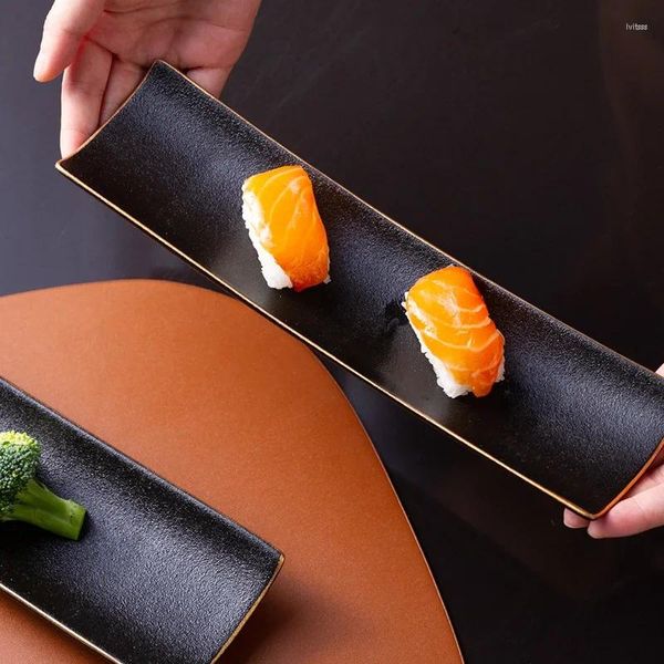 Pratos estilo japonês fosco preto phnom penh retangular cerâmica sushi placa longa casa criativa asas de frango churrasco