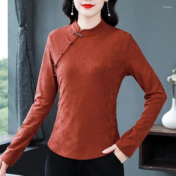 Damen-T-Shirts im chinesischen Stil, Jacquard-Plüsch, 2024, Frühling und Herbst, langärmelig, S, elegante, schlanke Tops