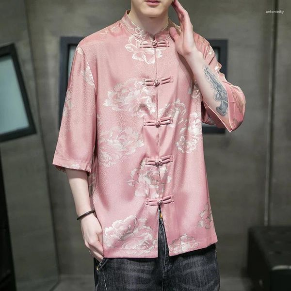 Etnik Giyim Sinism Hanfu yaka buz ipek kısa kollu gömlek erkek kadranı toka tang ceket yaz gevşek jakard ceket