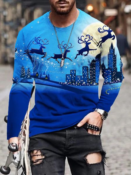 Mode Herren Y2K Tops Casual Langarm Rundhals T-Shirt 3D-Druck Weihnachten Grafik T-Shirts Straßenkleidung 240130