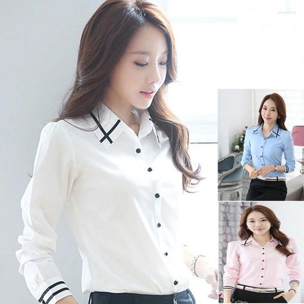 Blusas femininas 8 tamanhos branco listrado contraste retalhos manga longa botão colarinho escritório formal coreano vintage ajuste camisas femininas topo