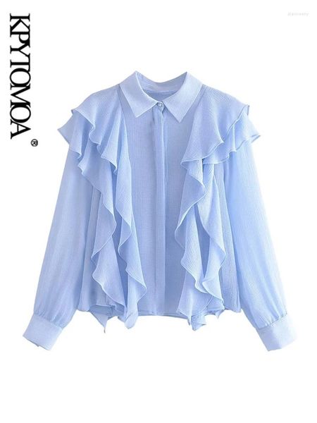Blusas femininas kpytomoa moda feminina com babados botão frontal camisas vintage lapela gola manga longa feminina blusas chiques