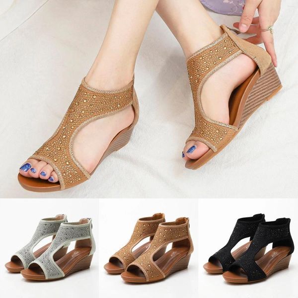 Sandálias Moda Primavera Verão Mulheres Wedge Heel Open Toe Respirável Back Zipper Confortável Sólido Womens Casamento