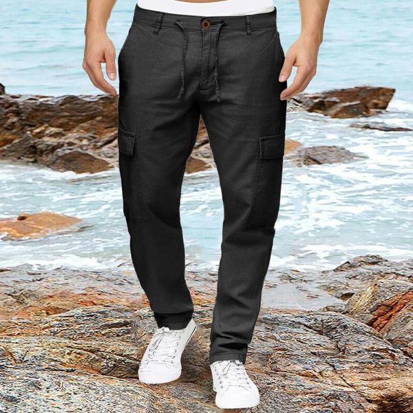 Pantaloni da uomo primaverili ed estivi in cotone tinta unita a tubo dritto con tasche multiple con cerniera semplice L 13 House Man