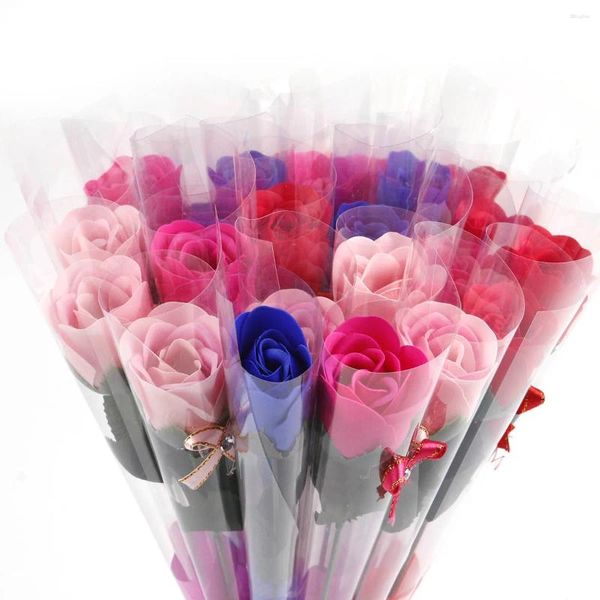 Fiori decorativi Creativi 30 pezzi Sapone artificiale a stelo singolo Rosa con confezione in plastica Petali a forma di rosa Regalo di San Valentino