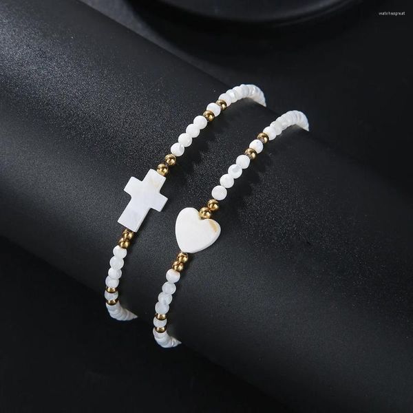 Strang Mode Weiße Muschel 4mm Perle Kreuz Herz Armband Goldene Hämatit Für MännerFrauen Klassischen Charme Strand Sand Hand schmuck