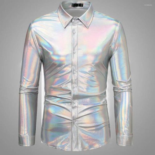 Camisas de vestido masculinas lapela manga longa camisa lantejoulas discoteca para homens traje de festa dourada brilhante com botão para baixo natal