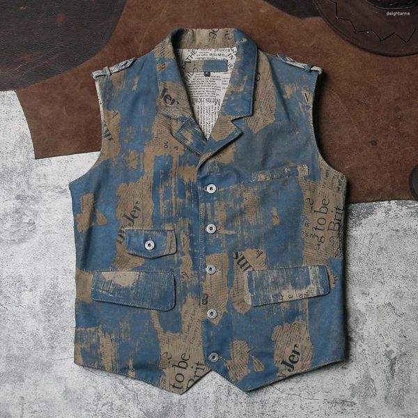 Gilet da uomo Gilet in vera pelle stampato Spaper Abiti da lavoro vintage retrò Pelle bovina lucida britannica slim fit