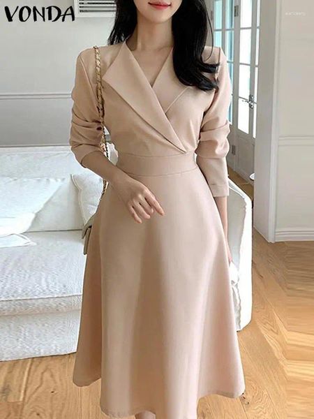 Vestidos casuais feminino elegante manga longa vestido de trabalho 2024 vonda moda midi feminina vestidos vintage escritório oversized robe