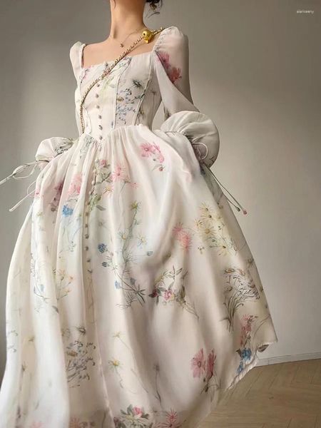 Vestidos casuais elegante floral impressão mulheres chiffon manga longa fora do ombro midi vestido vintage estilo francês fairycore doce