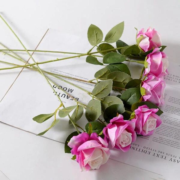 Flores decorativas casamento artificial rosa dia dos namorados veludo realista com folhas verdes haste reutilizável falso para casa