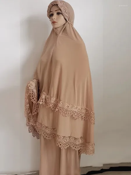 Etnik Giyim Ramazan Jilbab 2 Parça Set Uzun Khimar Müslüman Abaya Kadın Dua Giyim Suudi Elbise Dantel Etek Setleri Eid Niqab