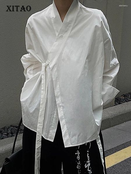 Blusas femininas xitao camisas de cinto sólido mulher coreia 2024 primavera chegada personalidade moda solta decote em v manga cheia casual fbb1679
