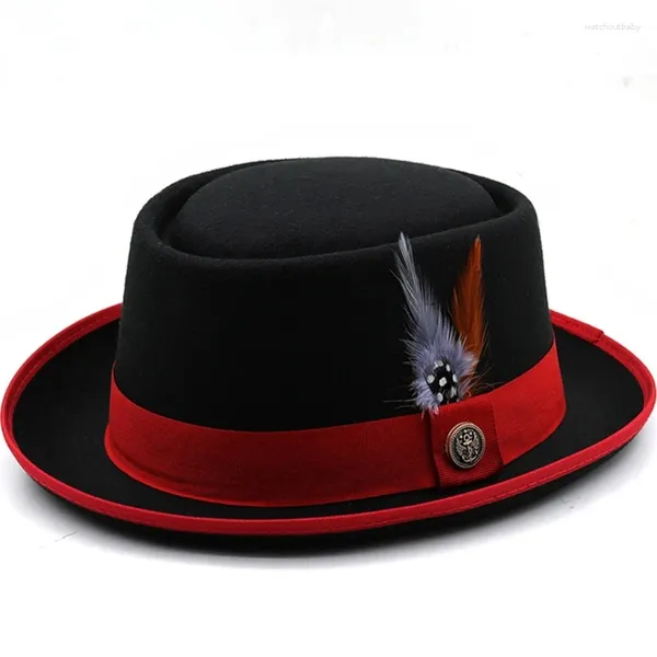 Berets elegante pena chapéu de feltro cavalheiro halloween carnaval festa dobrável fedora boné festival presentes para senhores