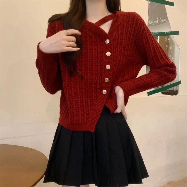 Женская трикотажная рубашка винно-красного цвета с нестандартным v-образным вырезом, трикотажная нижняя рубашка, весна-осень, короткий стильный тонкий свитер, кардиган, пальто, верх