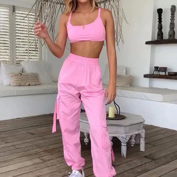 Ginásio roupas verão doce rosa duas peças conjunto feminino combinando topo e calças feminino jogger outfit colheita corredores 2024