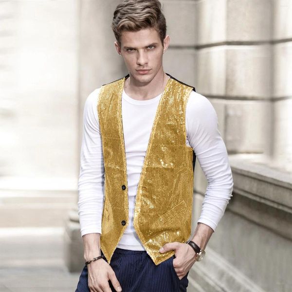 Gilet da uomo con paillettes glitterate Gilet tinta unita profondo scollo a V senza maniche Cappotto monopetto Maschile Vintage Nightclub Fit Blazer Gilet