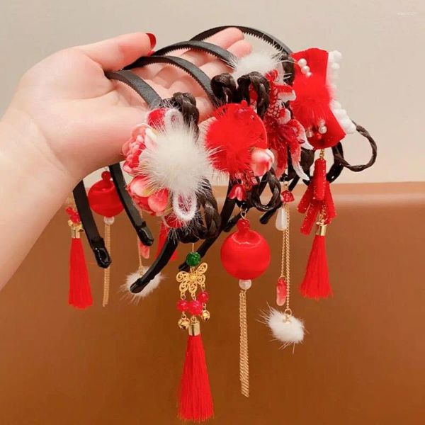 Accessori per capelli Parrucca Hanfu rossa Fascia per capelli Tradizionale stile cinese antico Fiore Nappa Fiocco di perle Anno Copricapo Bambini