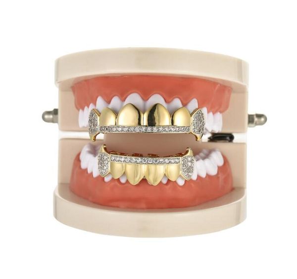 Moda Cubic Zirconia Dentes de Ouro Grills Hiphop Rocker Halloween Iced Out Caps TopBottom Fang Grills Set Bling Teeth5517233