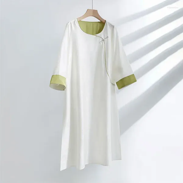 Женская одежда для сна в китайском стиле, свободная женская ночная рубашка, ночная рубашка с круглым вырезом, нижнее белье, весна-лето, халат на пуговицах