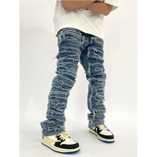 Jeans da uomo High Street Heavy Industry Lavato Perline di gatto Toppa danneggiata Indossata Mendicante Piedi sottili Pantaloni lunghi Alla moda