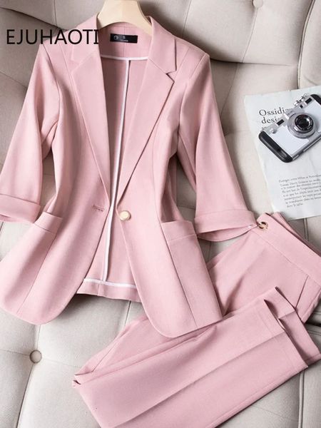 Повседневный маленький пиджак, женские девятые брюки, летние тонкие корейские модные пальто с укороченными рукавами, комплекты из двух предметов, наряды 240202