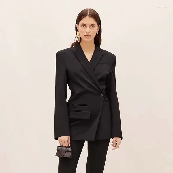 Ternos femininos 2024 outono lã preta duplo breasted casual blazer jaqueta com ombreiras para mulher