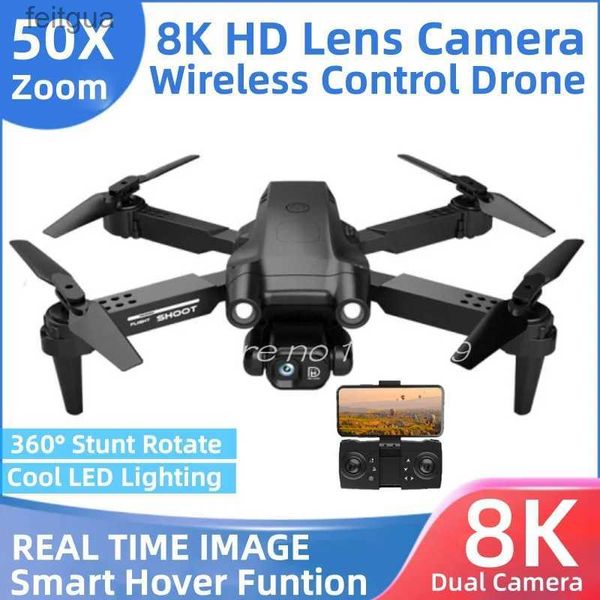 Drones 8K HD Çift Kamera Kablosuz Kontrol Drone 50x Zoom 360 Stunt Rollover Gerçek Zamanlı Harita Akıllı Hover LED Aydınlatma RC Quadcopter YQ240211