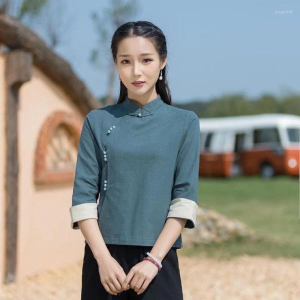 Etnik Giyim 2024 Kadın Geleneksel Çin Vintage Bluz Retro Çiçek Baskı Hanfu Üstü Kadınlar Qipao Zarif Oryantal Tang Su