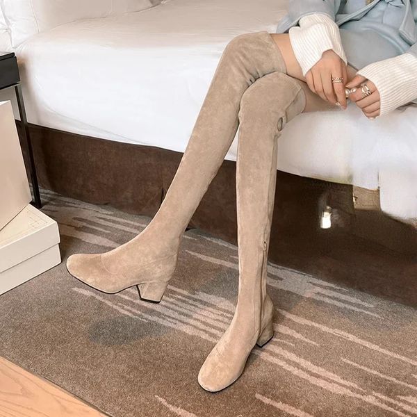 Scarpe da donna 2024 Sexy Slim sopra il ginocchio Stivali alti alla coscia Punta rotonda Tacco quadrato Stivali lunghi solidi Scarpe casual con tacco alto da donna 240129