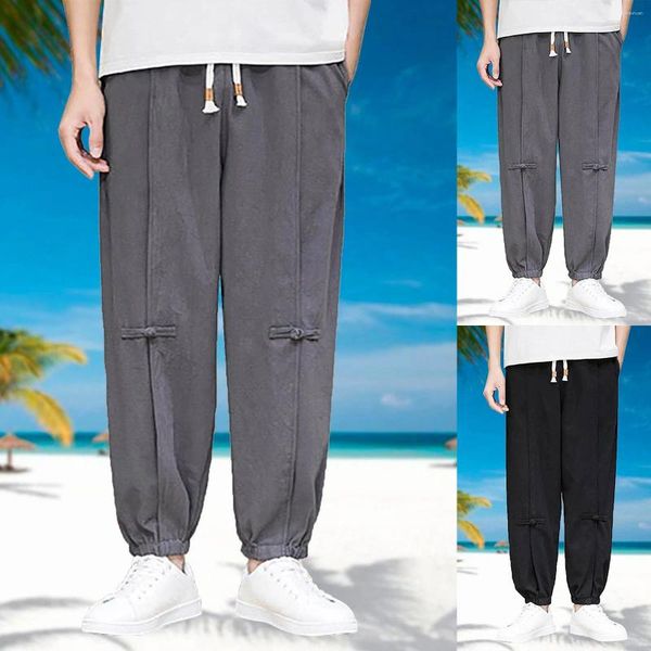 Pantaloni da uomo Trendy in cotone e lino Casual oversize Gamba larga Abbottonatura Outdoor Glitter Fascia da uomo 1