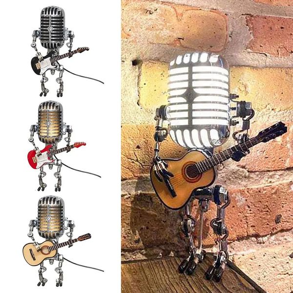 Modelo usb ferro forjado retro lâmpada de mesa decorações robô microfone para tocar guitarra 240124