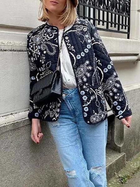 Giacche da donna Giacca trapuntata alla moda in cotone stampato casual a fiori Cardigan a maniche lunghe con bottoni Autunno Abbigliamento da strada all'aperto