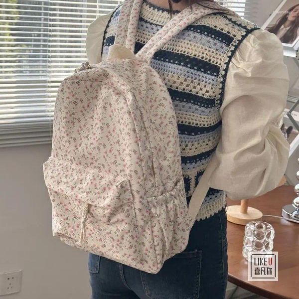 Sacos escolares coreano floral branco para meninas adolescentes bonito estudante mochila marca saco de livro viagem lona mochila portátil