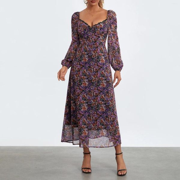 Vestidos casuais mulheres floral impressão midi vestido querida decote manga longa puff moda sem costas férias