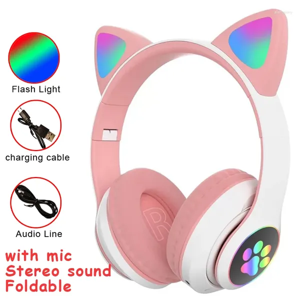 Cuffie con orecchie di gatto con luce flash, senza fili, con controllo MIC, LED, per ragazza, stereo, con casco musicale, auricolare per telefono Bluetooth