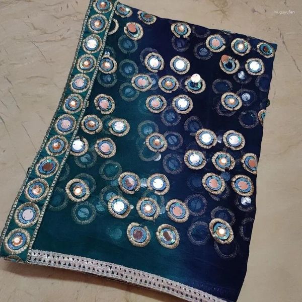 Abbigliamento etnico Sciarpa lunga Dupatta vintage con perline ricamate a mano Velo circolare in georgette con paillettes
